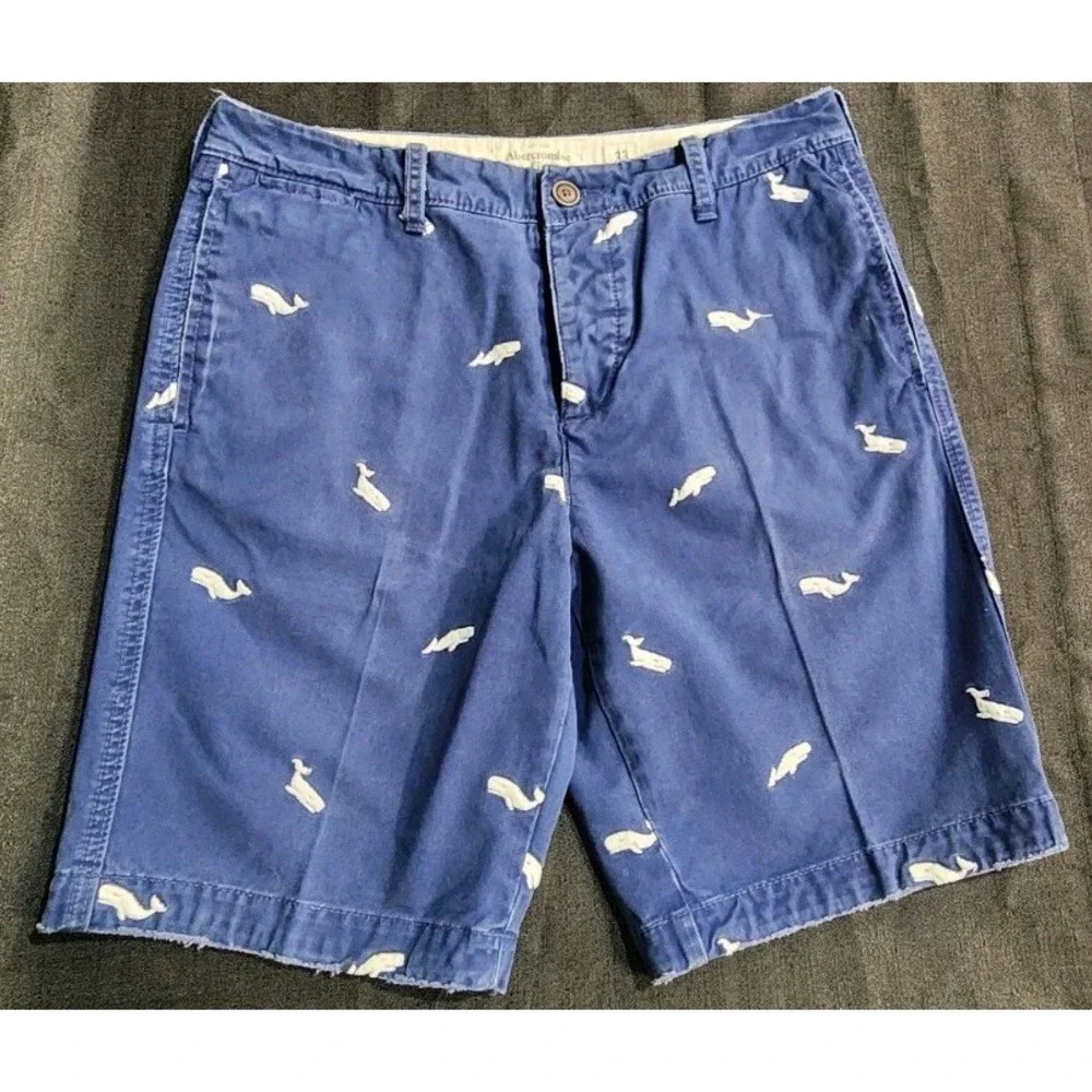 Abercrombie Chino Shorts Mens Sz 33 Blue Button Fly Golf Beach Whales Y2K EUC‎